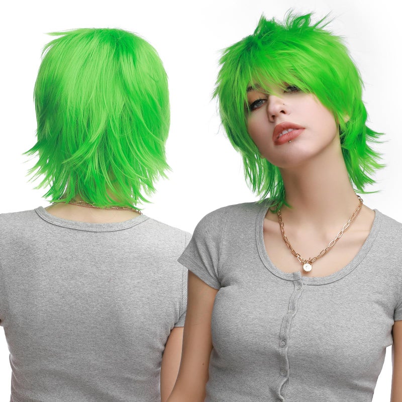 S-noilite Unisex Short Green Wig Women Men's Short Layered Fluffy Spiky Wigs with Bangs Straight Synthetic Hair Full Wigs for Halloween Cosplay Costume Comic-cons Anime Party Green - Image 2